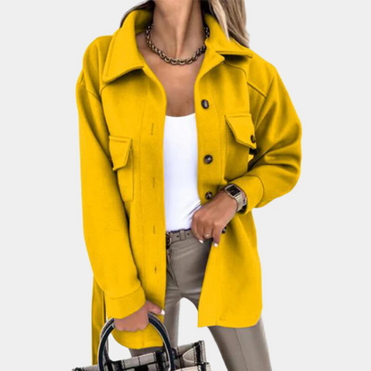 Women’s Long Coat – Relaxed Fit – Lightweight – Button Front – Chest Flap Pockets