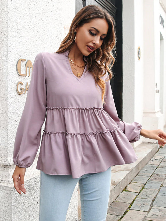 Women's Blouse - Woven - Relaxed Flowing Silhouette - V-Neck - Flounce Tier Detail