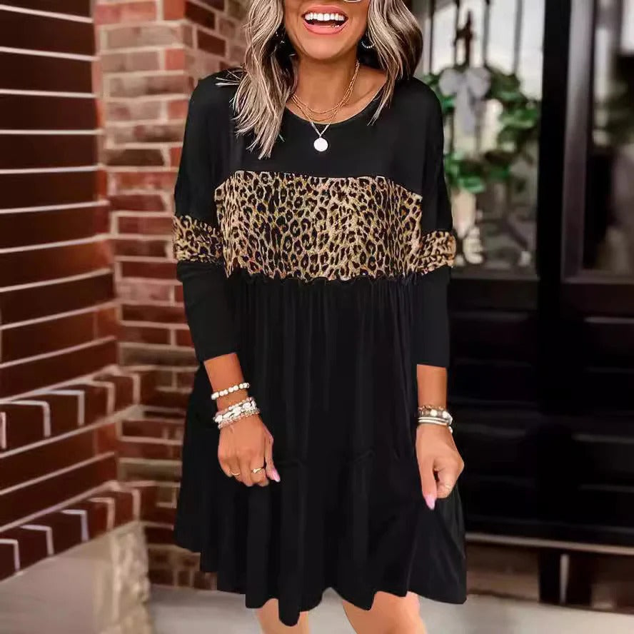 Women’s Mini Dress - Satin Finish - Relaxed Fit - Round Neck - Tiered A-Line