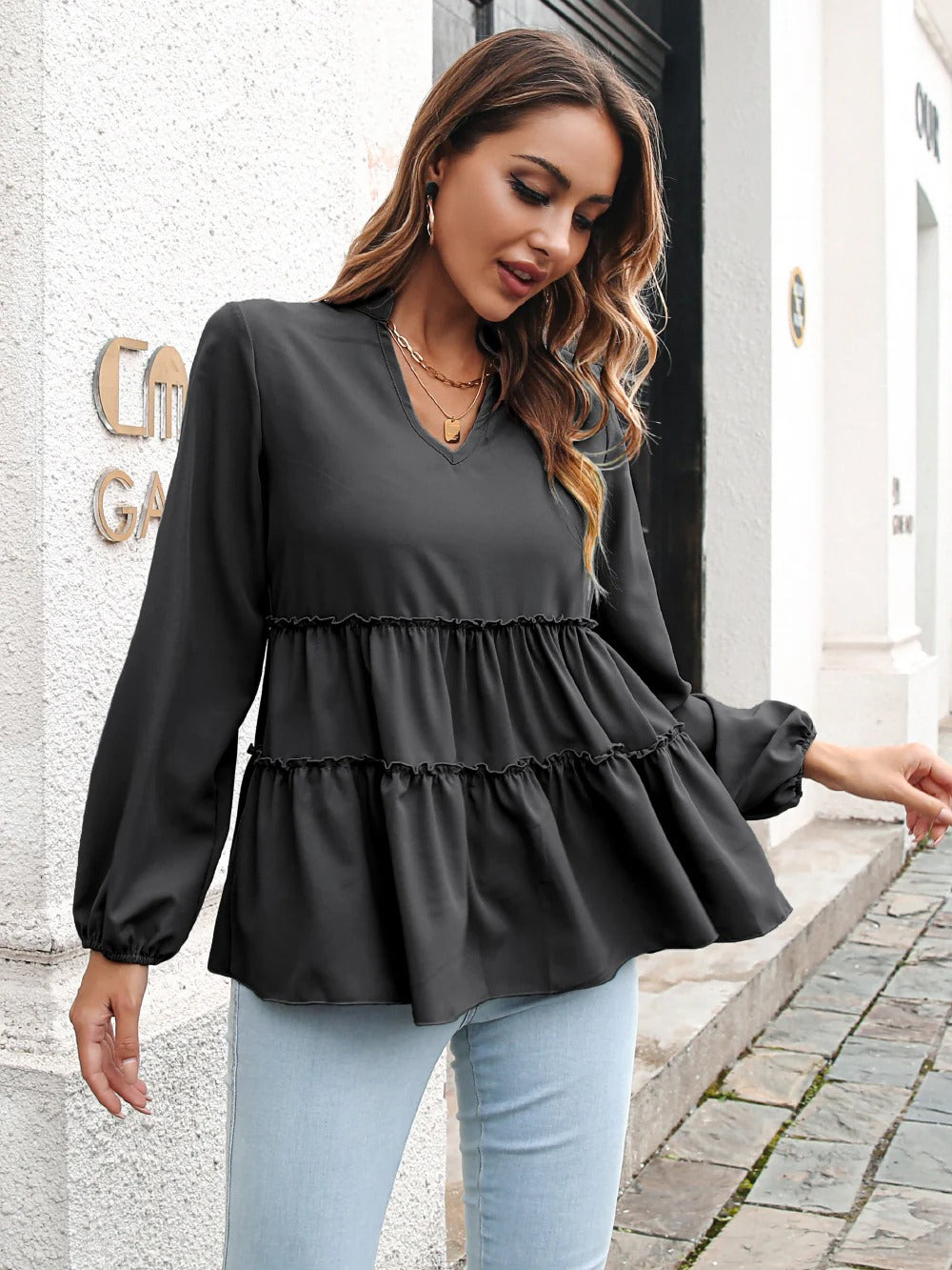 Women's Blouse - Woven - Relaxed Flowing Silhouette - V-Neck - Flounce Tier Detail