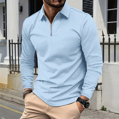 Men’s Long Sleeve Shirt – Slim Fit – Standing Collar – Zipper Front – Cotton