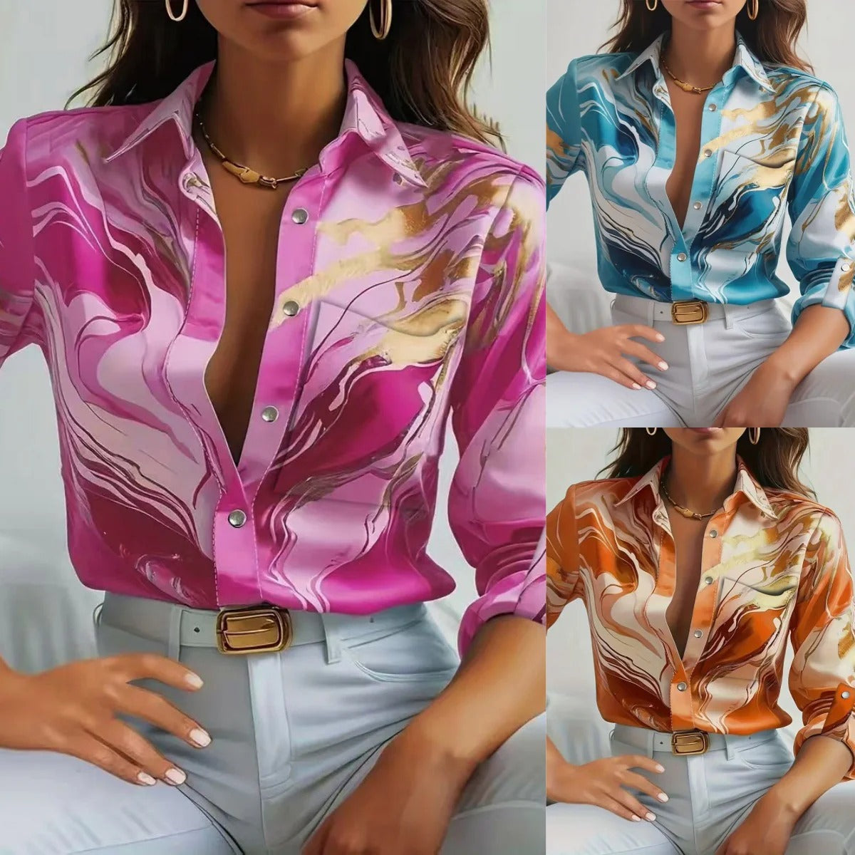 Women’s Blouse – Tailored Fit – Button-Up – Silk – Abstract Marble Print