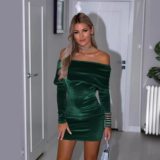 Women's Mini Dress - Velvet - Slim Fit - Off-Shoulder - Long Sleeve