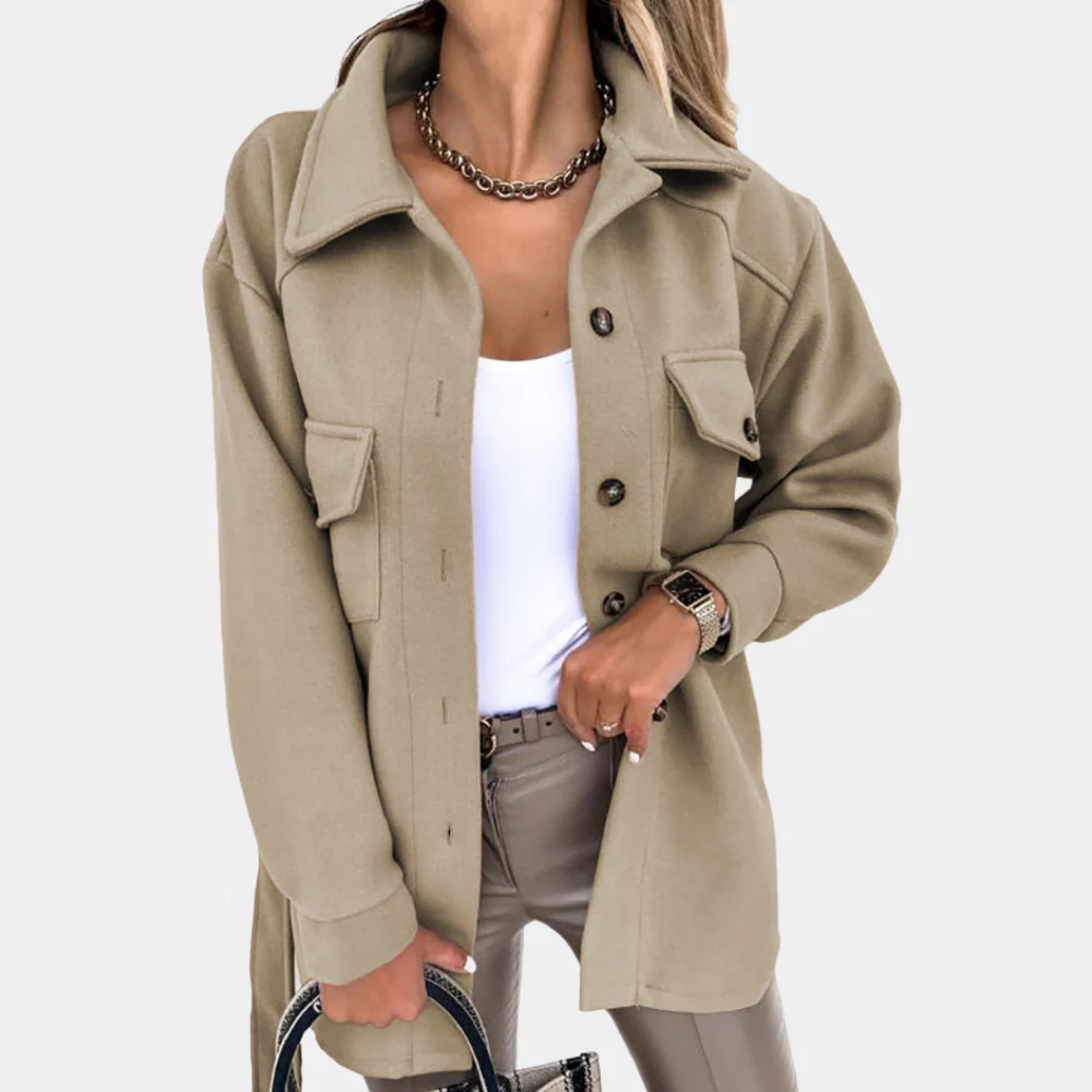 Women’s Long Coat – Relaxed Fit – Lightweight – Button Front – Chest Flap Pockets
