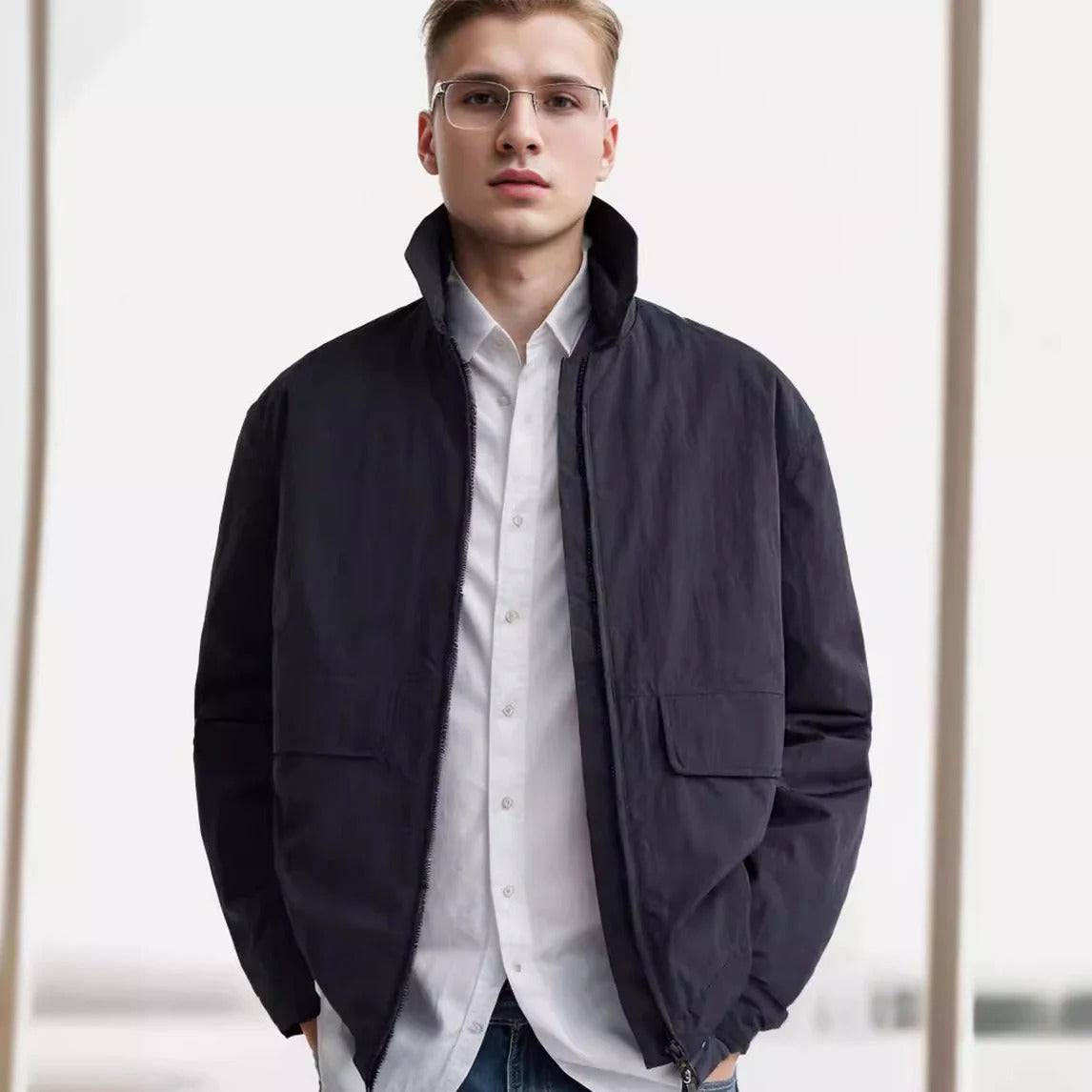 Men’s Jacket – Relaxed Fit – Lightweight – Textured Fabric – Stand Collar – Zip Front