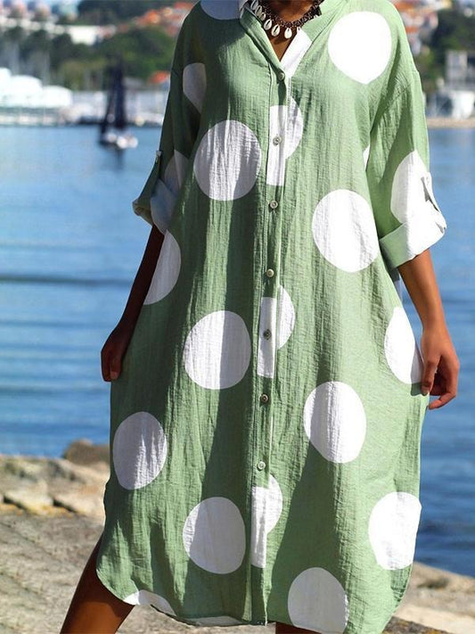 Women’s Shirt Dress – Oversized Fit – Cotton Feel – Button Down – Polka Dot – Midi Length