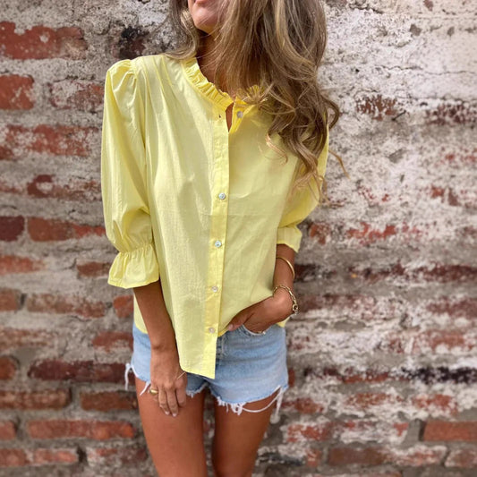 Women’s Blouse – Relaxed Fit – Cotton Feel – Ruffle Neck – 3/4 Sleeve Button Front