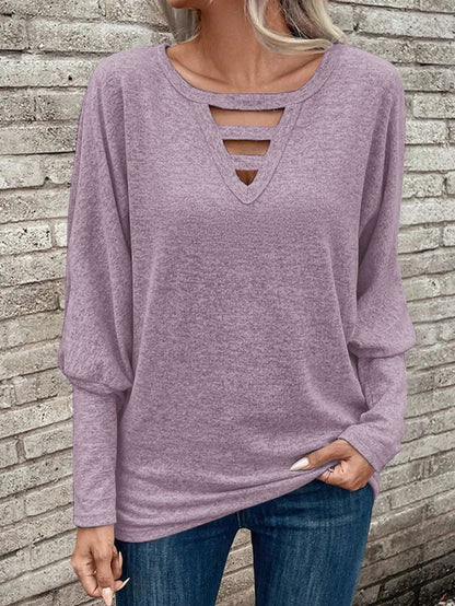 Women’s Long-Sleeve Top – Relaxed Fit – V-Neck with Cut-Out Detail