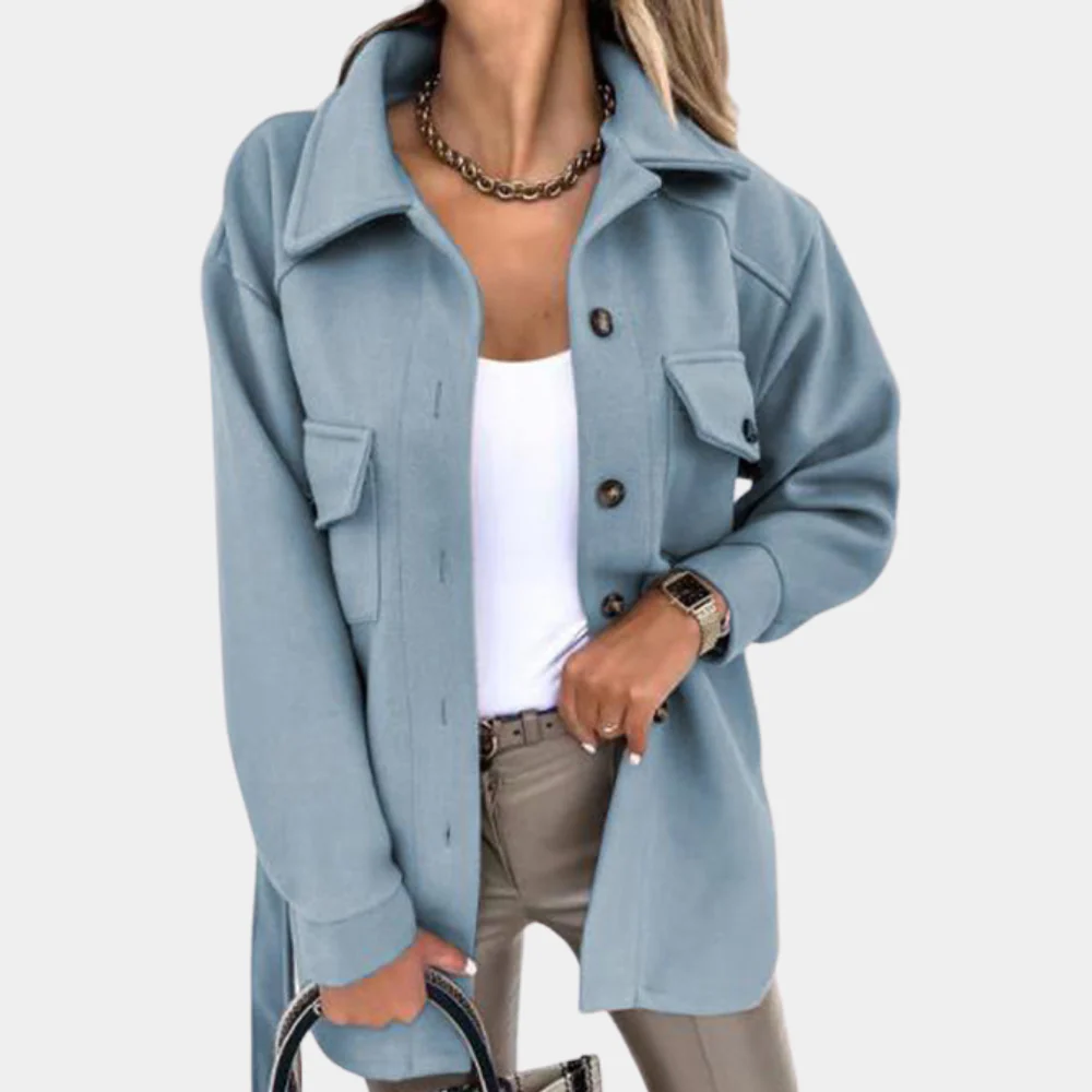 Women’s Long Coat – Relaxed Fit – Lightweight – Button Front – Chest Flap Pockets