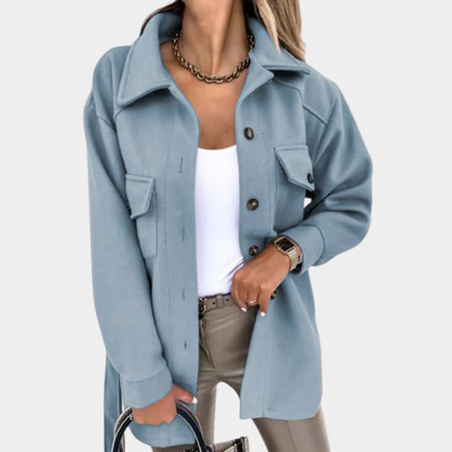 Women’s Long Coat – Relaxed Fit – Lightweight – Button Front – Chest Flap Pockets