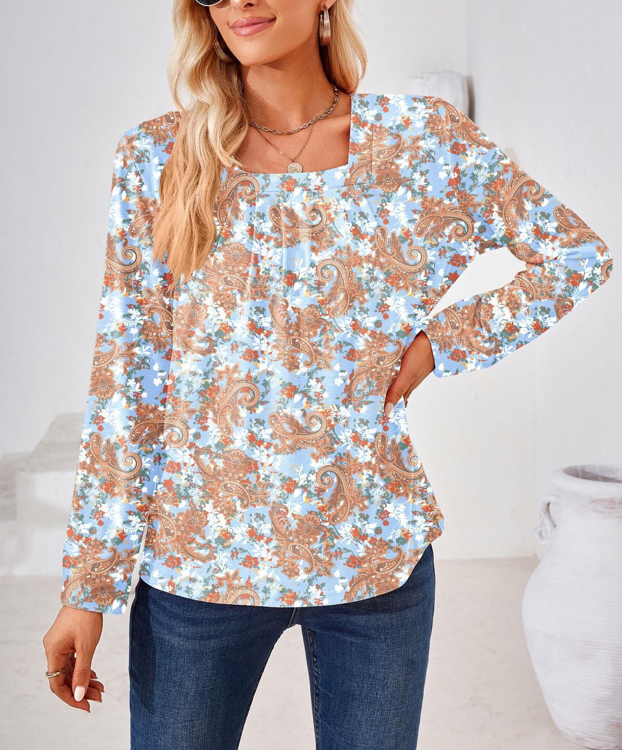 Women’s Blouse – Relaxed Fit – Long Sleeve – Square Neck – Cotton – Paisley Print