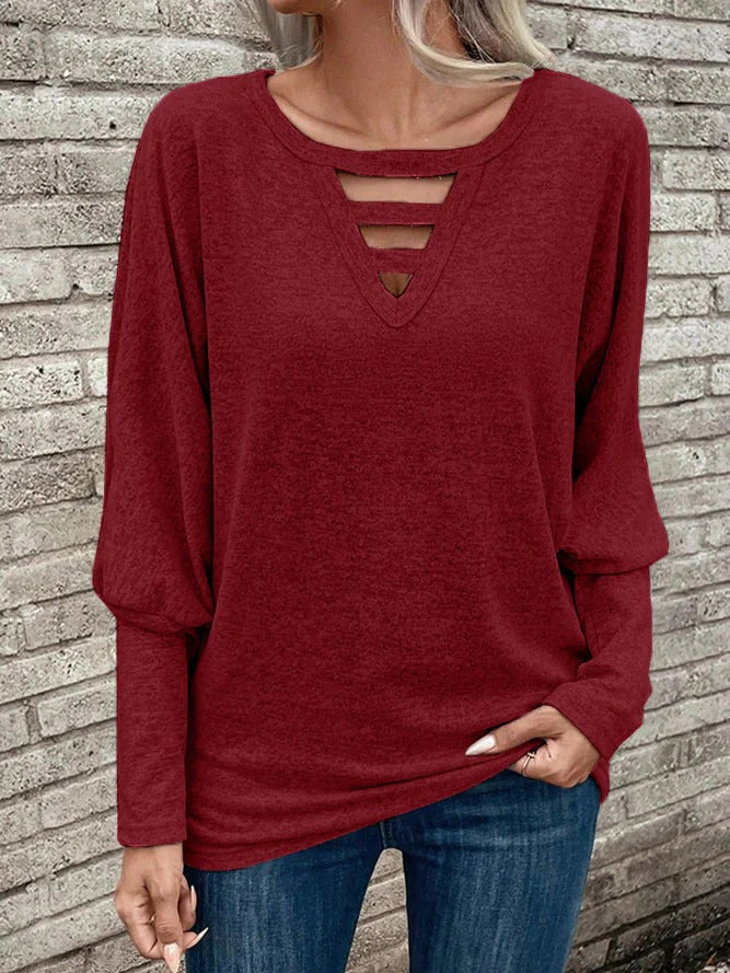 Women’s Long-Sleeve Top – Relaxed Fit – V-Neck with Cut-Out Detail
