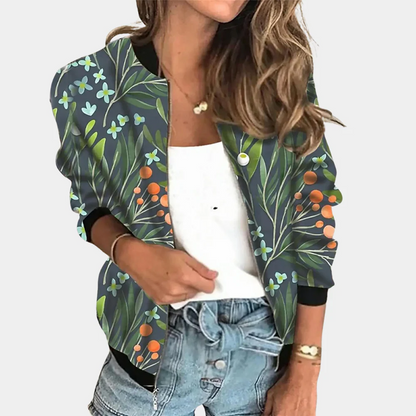 Women’s Bomber Jacket – Relaxed Fit – Ribbed Trim – Floral Print