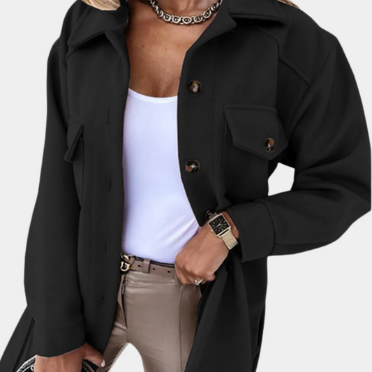 Women’s Long Coat – Relaxed Fit – Lightweight – Button Front – Chest Flap Pockets