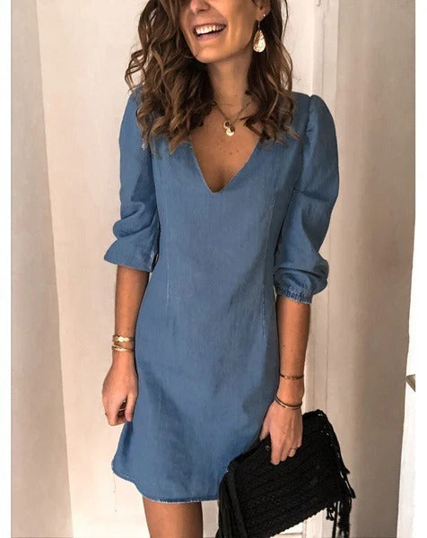 Women’s Denim Dress - Fitted Silhouette - Deep V-Neck - Puff Sleeve