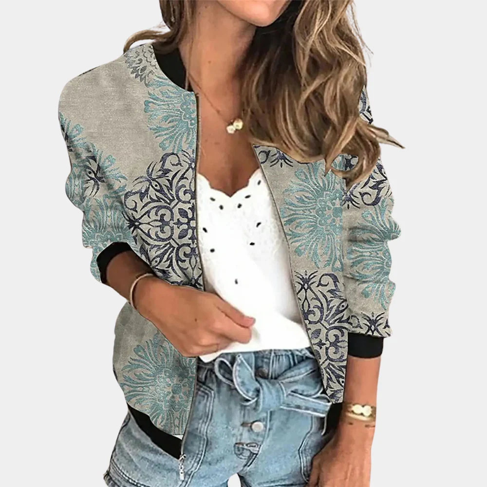 Women’s Bomber Jacket – Relaxed Fit – Ribbed Trim – Floral Print