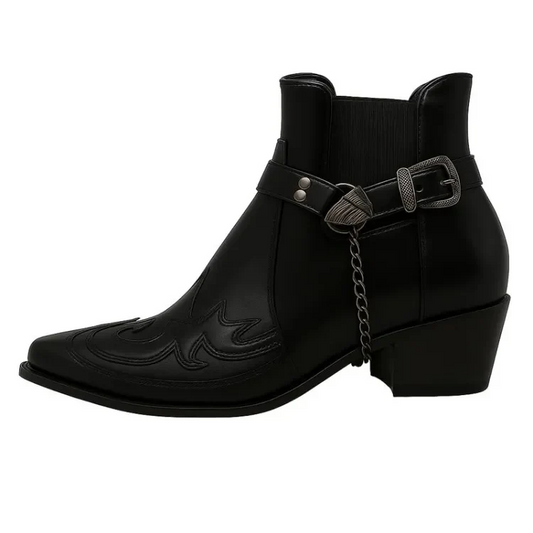Men’s Cowboy Boots – Leather Slip-On – Ankle High – Harness Strap – Pointed Toe