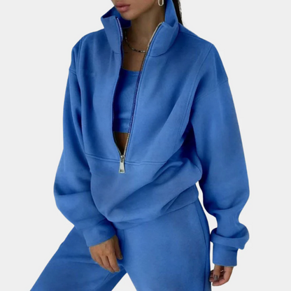 Women’s Jogging Set – Relaxed Fit – Cotton – Half Zip Top – Full Length Pants