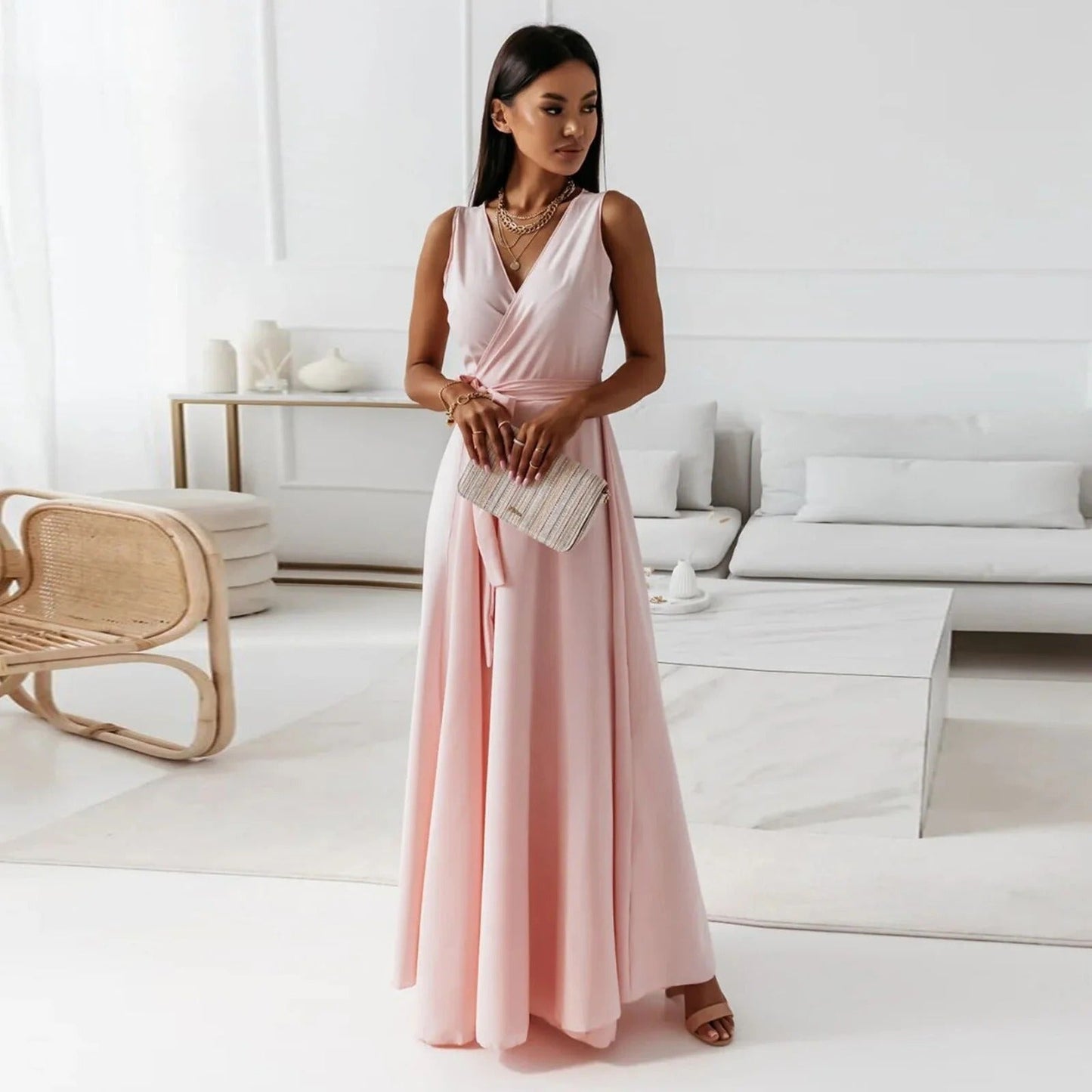Women’s Maxi Dress – Luxury Fabric – V-Neck – Sleeveless – Tie Waist Elegant Fit
