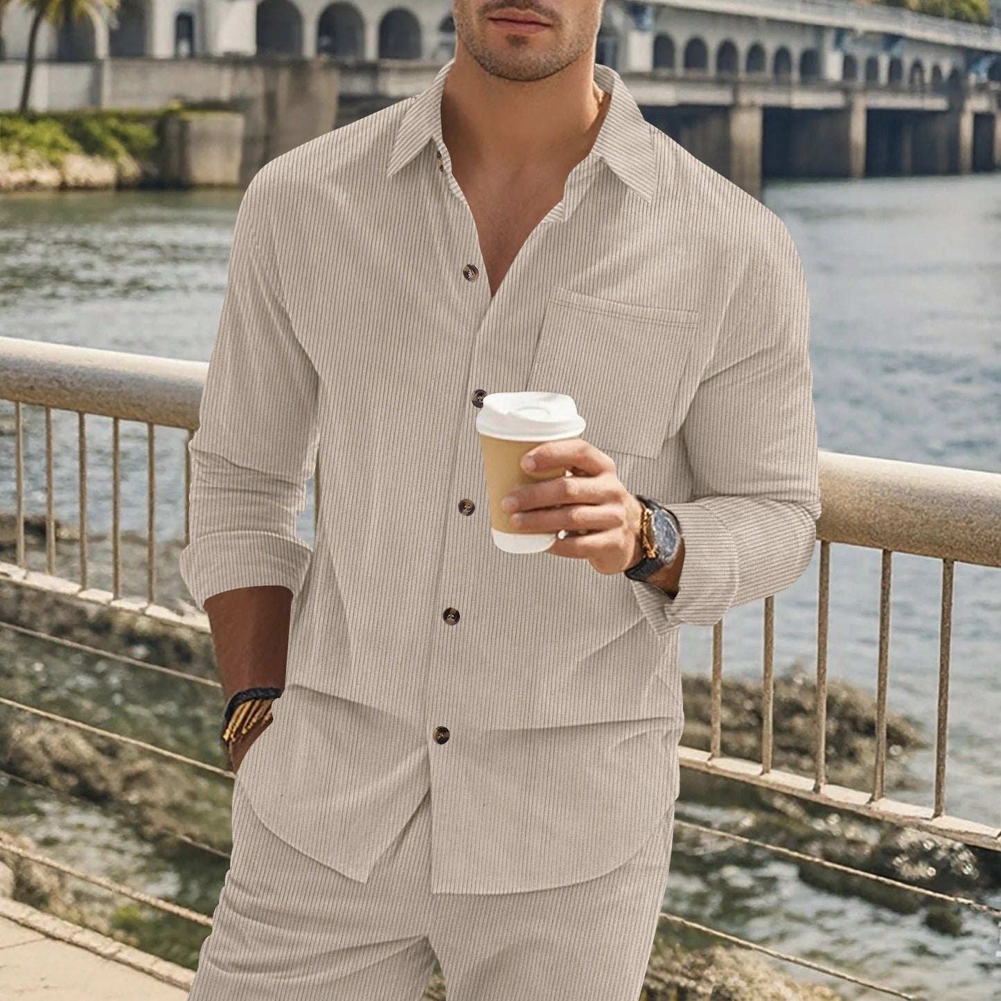 Men’s Long Sleeve Shirt – Slim Fit – Cotton Feel – Button-Up – Vertical Striped Design
