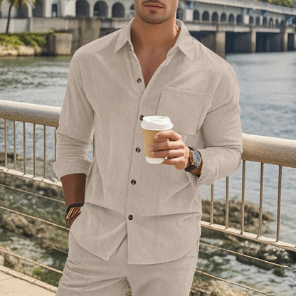 Men’s Long Sleeve Shirt – Slim Fit – Cotton Feel – Button-Up – Vertical Striped Design