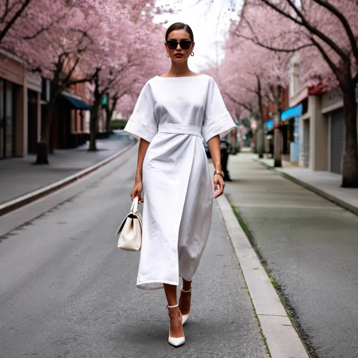 Women’s Wrap Dress – Tailored Fit – Midi Length – Broad Sleeve – Cotton Blend