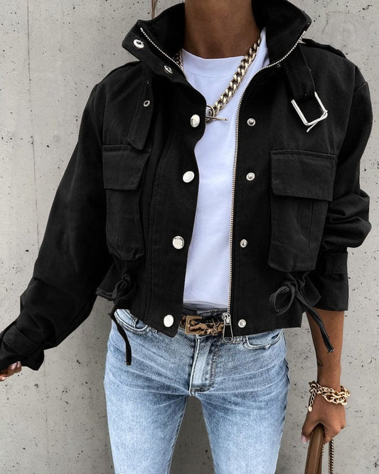Women’s Cropped Jacket – Cotton Blend – Drawstring Waist – Flap Pockets – Epaulettes