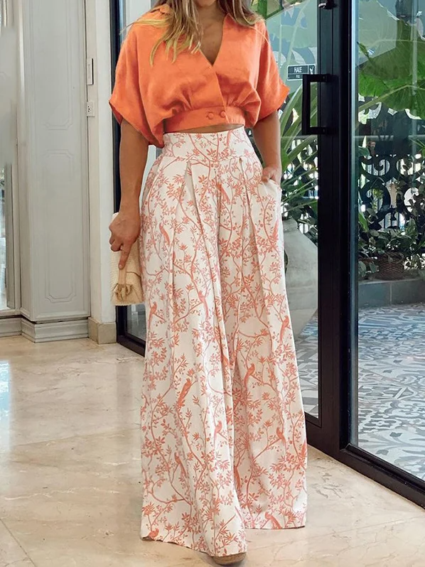Women’s Two-Piece Set – Relaxed Fit Top with Dolman Sleeves – Wide-Leg Pleated Pants – Breathable Blend