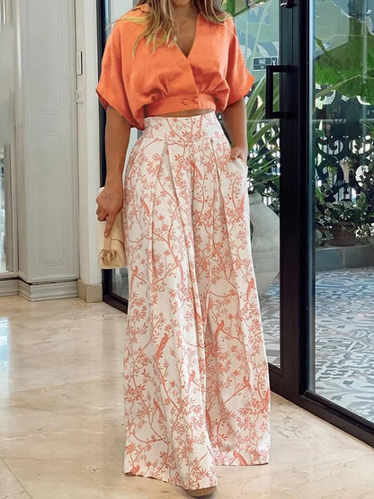 Women’s Two-Piece Set – Relaxed Fit Top with Dolman Sleeves – Wide-Leg Pleated Pants – Breathable Blend