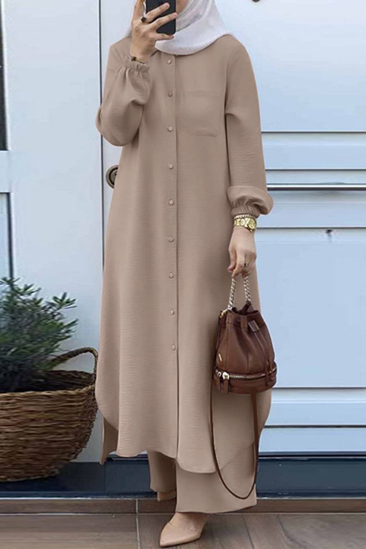 Women’s Tunic Set – Relaxed Fit – Stand Collar – Long Sleeve – Full-Length Trousers