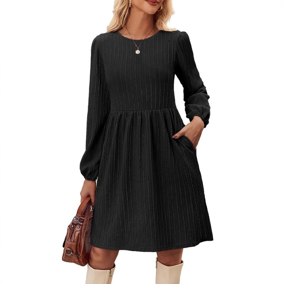 Women’s Knit Dress – Fit and Flare – Jacquard Texture – Puff Sleeve – Round Neckline