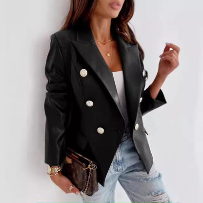 Women’s Blazer – Faux Leather – Double-Breasted – Tailored Fit – Long Sleeve