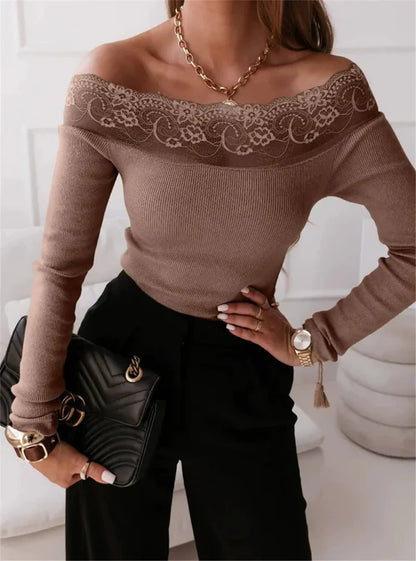 Women’s Off-Shoulder Top – Slim Fit – Lace Neckline – Ribbed Knit – Long Sleeve
