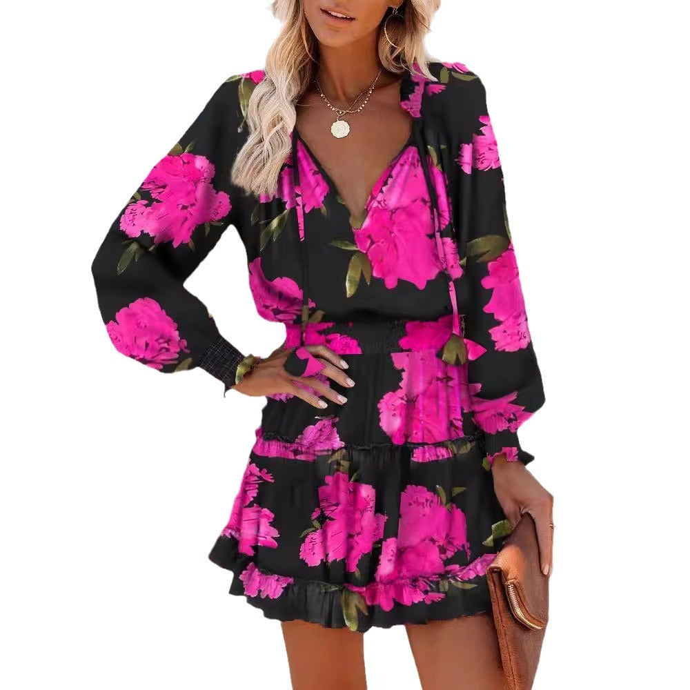 Women’s Mini Dress – A-Line Fit – Silk Feel – Long Sleeve – Printed Ruffle Hem