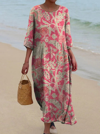 Women’s Midi Dress – Loose Fit – Cotton Blend – Long Sleeve – Retro Floral Print