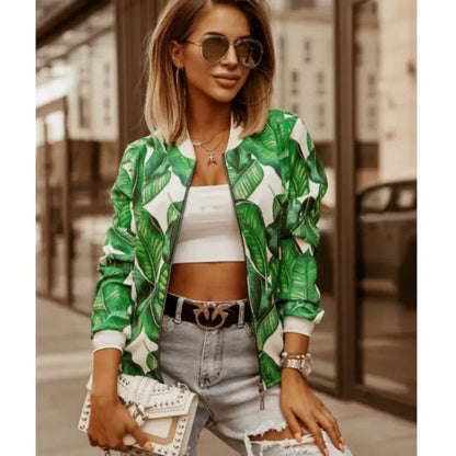 Women’s Cropped Jacket – Slim Fit – Bold Leaf Print – Zip Front – Ribbed Trim