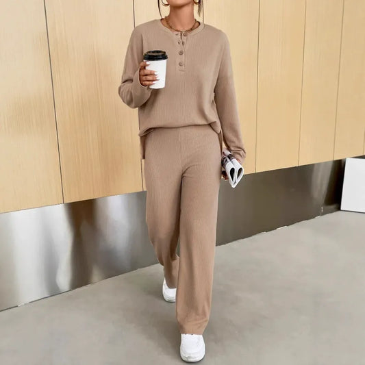 Women’s Loungewear Set – Ribbed Knit – Relaxed Fit Pullover – Full-Length Pants
