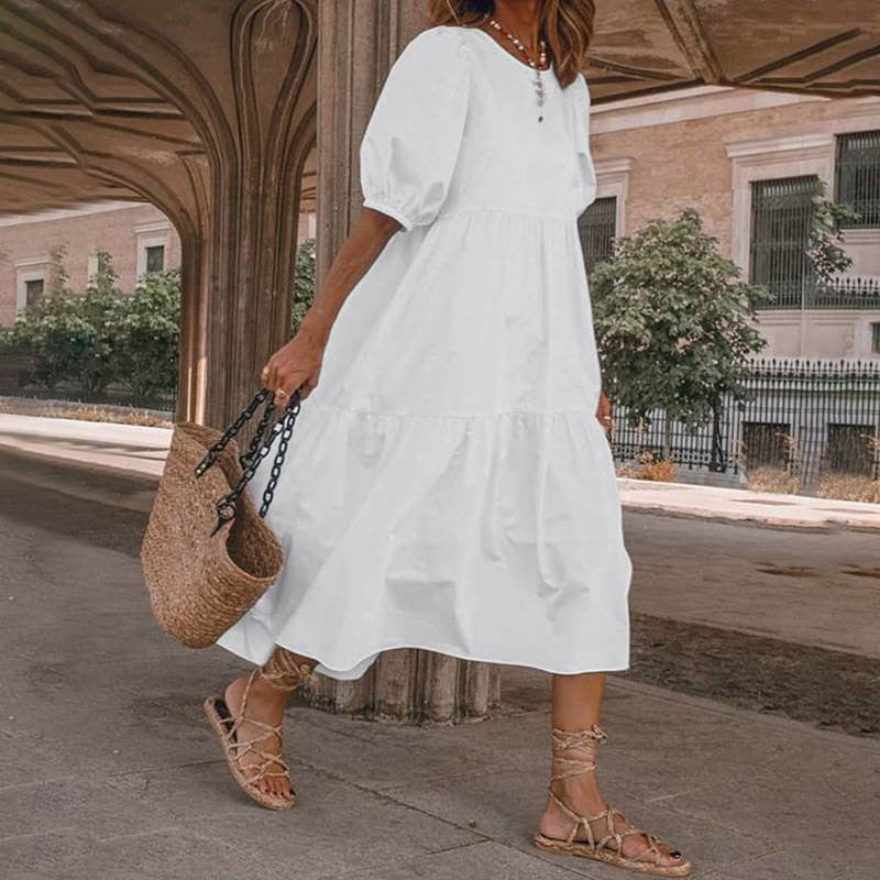 Women’s Midi Dress – Cotton Blend – A-Line Fit – V-Neck Puff Sleeve Boho Style