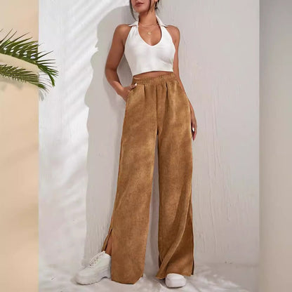Women’s Wide-Leg Pants – High Waist – Corduroy – Split Hem – Side Pockets