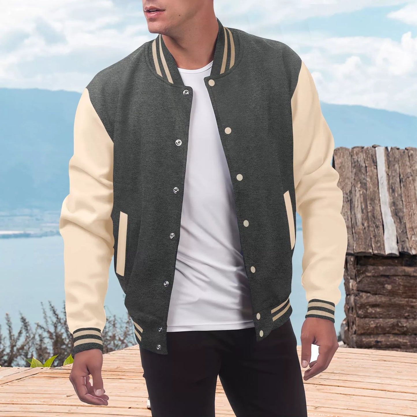 Men’s Varsity Jacket – Wool Blend – Faux Leather Sleeves – Relaxed Fit – Snap Closure