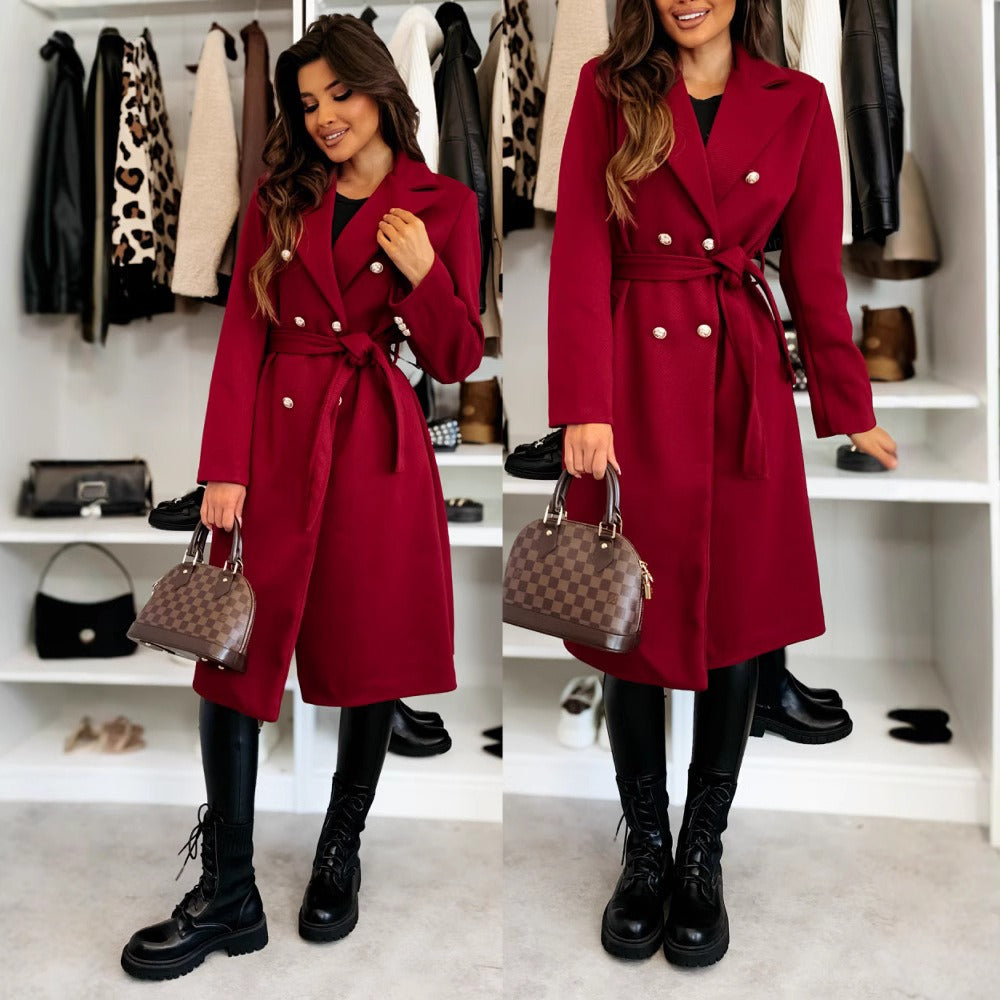 Women’s Wool Coat – Tailored Knee-Length Fit – Double-Breasted – Belted Waist