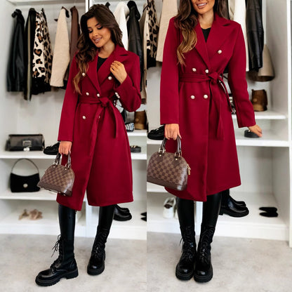 Women’s Wool Coat – Tailored Knee-Length Fit – Double-Breasted – Belted Waist