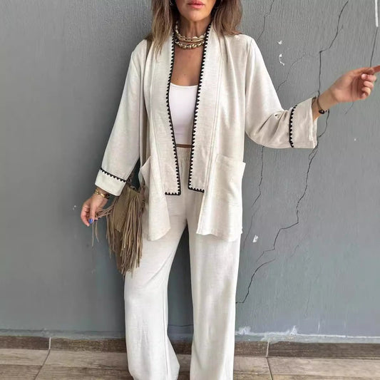 Women’s Two-Piece Set – Cardigan Soft Knit – Relaxed Fit – 3/4 Sleeve – Draped Silhouette – Pockets