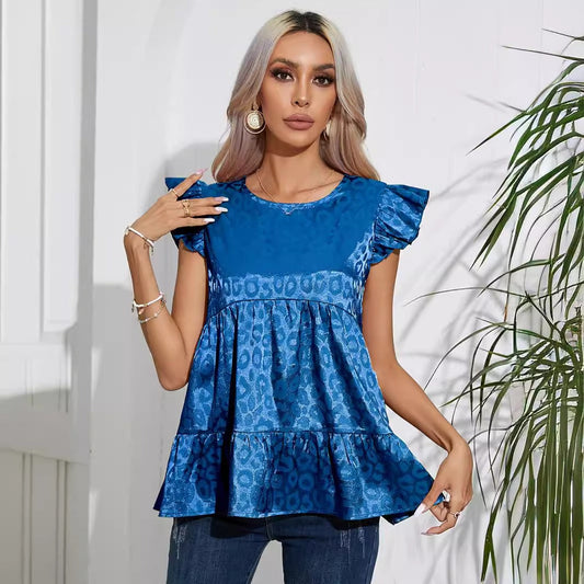 Women’s Blouse – Silk Jacquard – Relaxed Fit – Ruffled Sleeves – Hip Length