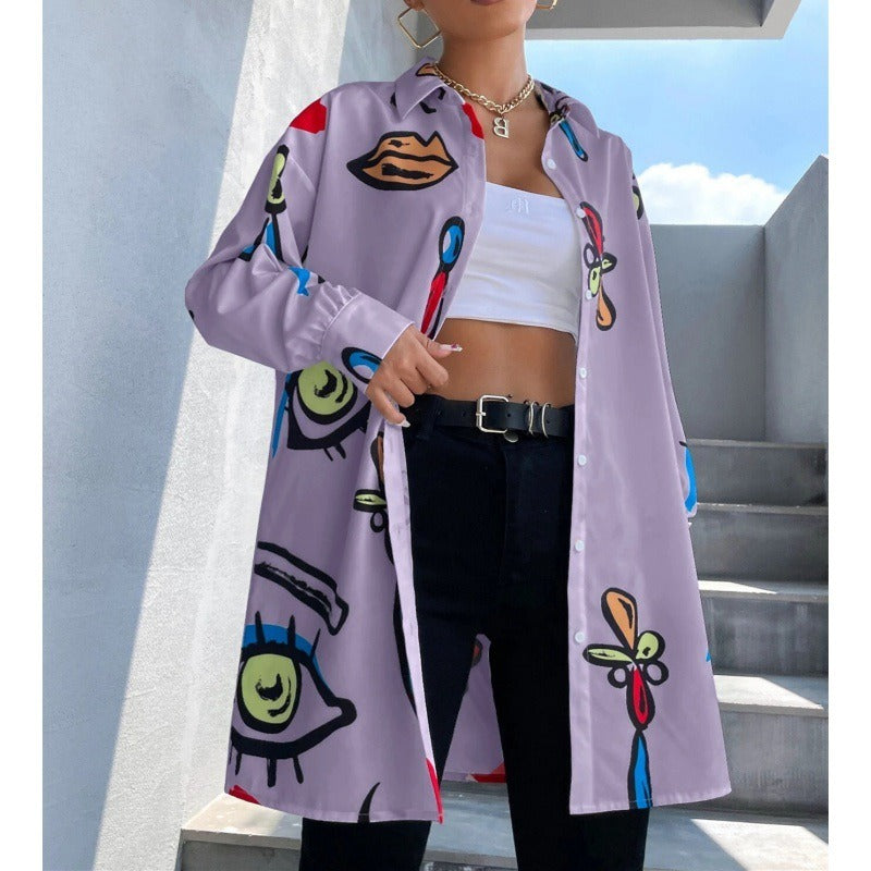 Women’s Button-Up Shirt – Loose Fit – Long Sleeve – Cotton – Graphic Print