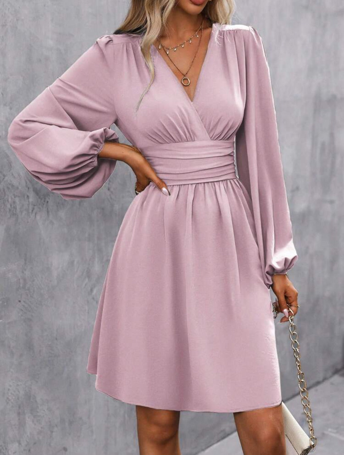 Women’s V-Neck Dress – A-Line Fit – Ruched Waist – Balloon Sleeves – Soft Fabric