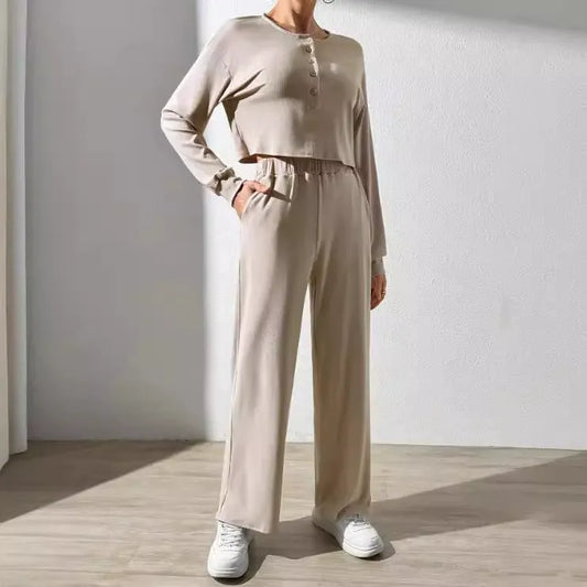 Women’s Loungewear Set – Relaxed Fit – Cotton Blend – Cropped Top – Wide-Leg Pants