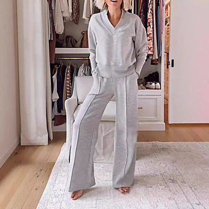 Women’s Two-Piece Set – V-Neck Long Sleeve Top – High Waist Wide-Leg Pants – Knit Fabric
