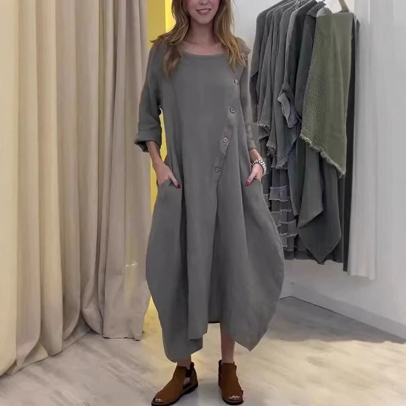 Women’s Maxi Dress - Cotton Blend - 3/4 Sleeve - Round Neck - Asymmetrical Hem