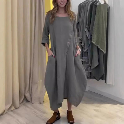 Women’s Maxi Dress - Cotton Blend - 3/4 Sleeve - Round Neck - Asymmetrical Hem